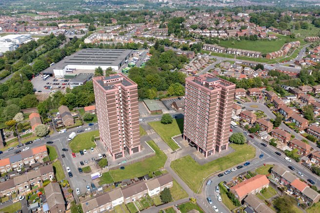 aerial picture of two tower blocks