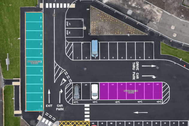 areas of car parking spaces calculated from the orthomosaic map produced from a geospatially located drone survey