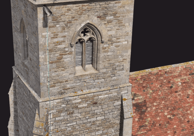 3D model of a church by a drone - tower close up